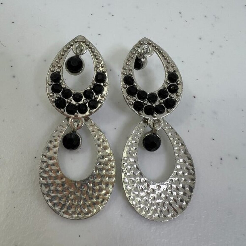 Teardrop Black Dot Earrings Textured Dangle Statement Big Silver Tone Rhinestone
